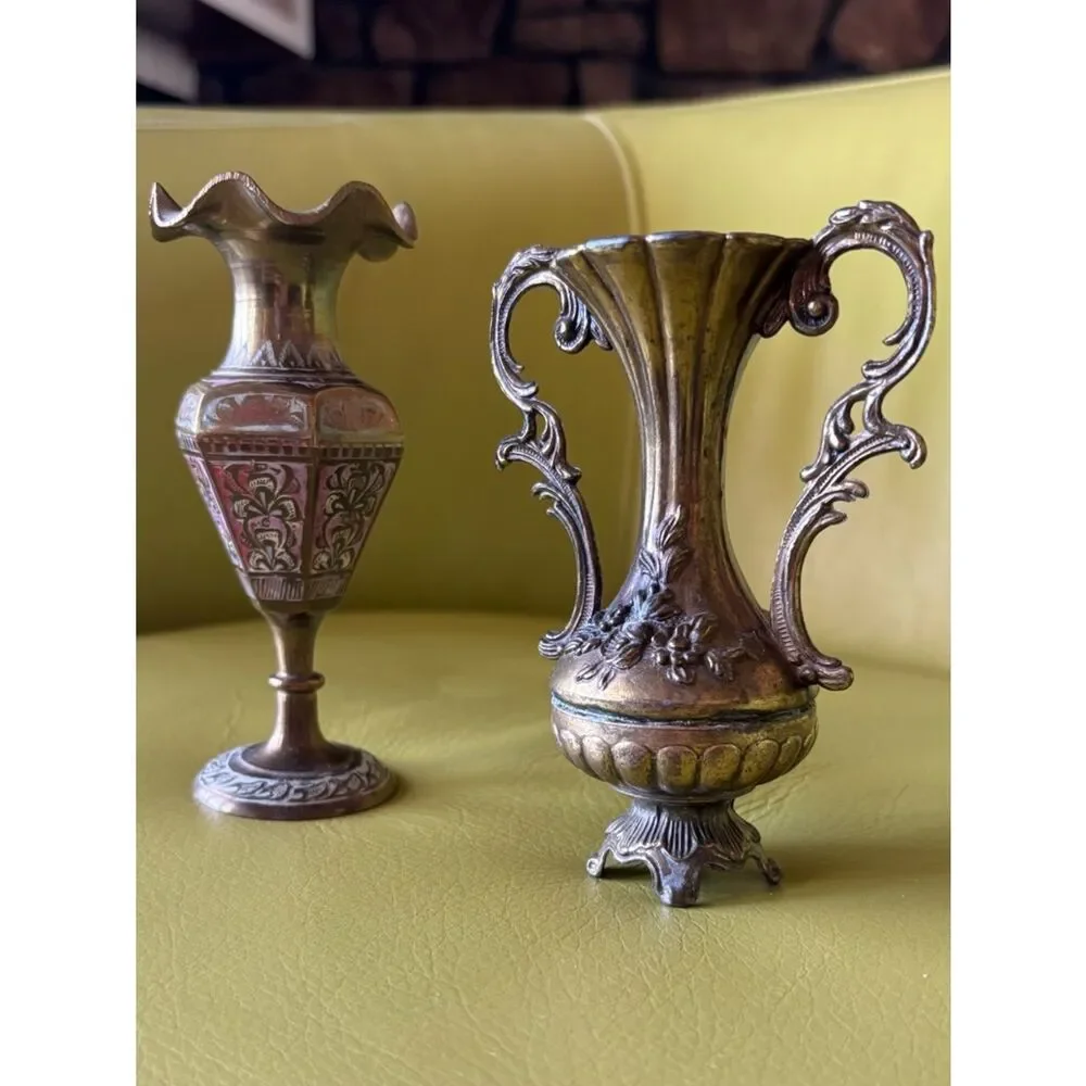 Vintage Brass Mini Vase Set Italy & India Ornate Floral Etched Bud Vases